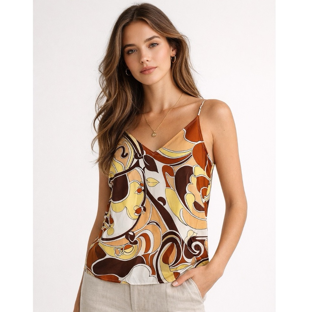 Wilfred Aritzia Abstract Floral Cami Top Brown Yellow XS